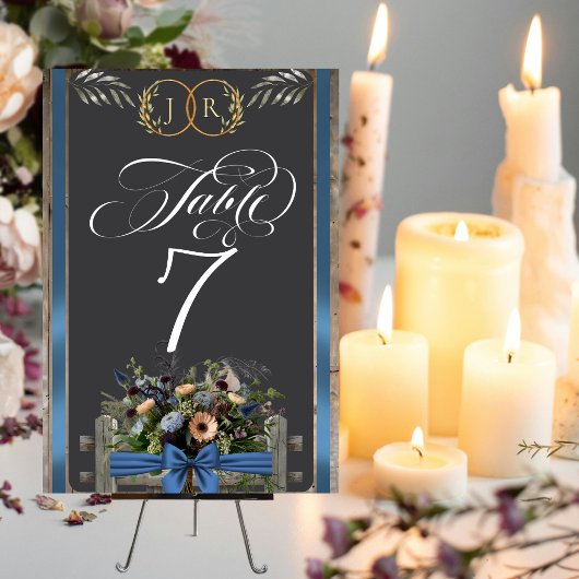 Wilde Bloemen, Lint & Monogram - Blauw Kaart