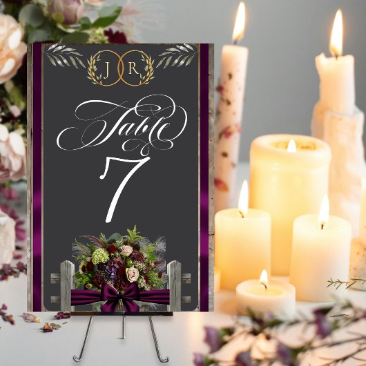 Wilde bloemen, lint & monogram - Plum Kaart