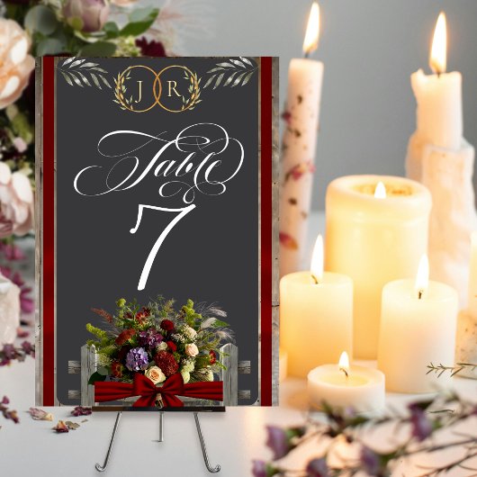 Wilde bloemen, lint & monogram - Rood Kaart