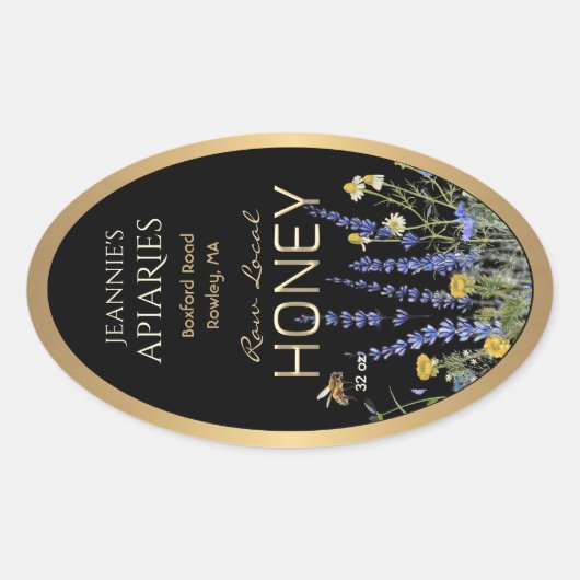 Wilde bloemen Lokaal Raw Honey Label Bee Black Gol (Voorkant)