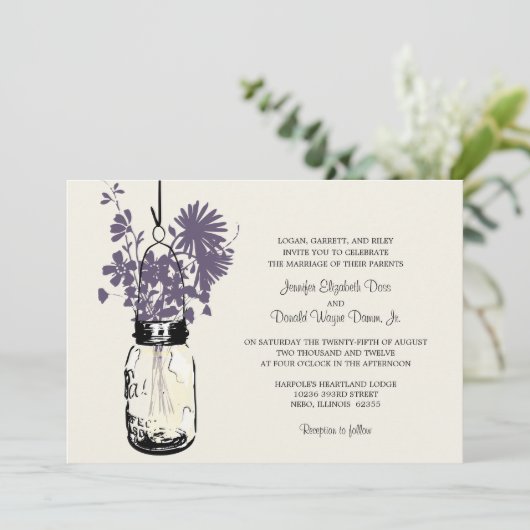 Wilde bloemen & Mason Jar bruiloft uitnodigingen (Staand voorkant)