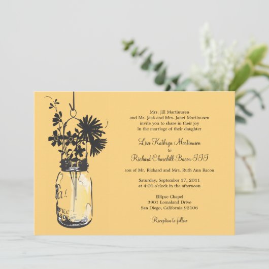 Wilde bloemen & Mason Jar bruiloft uitnodigingen (Staand voorkant)