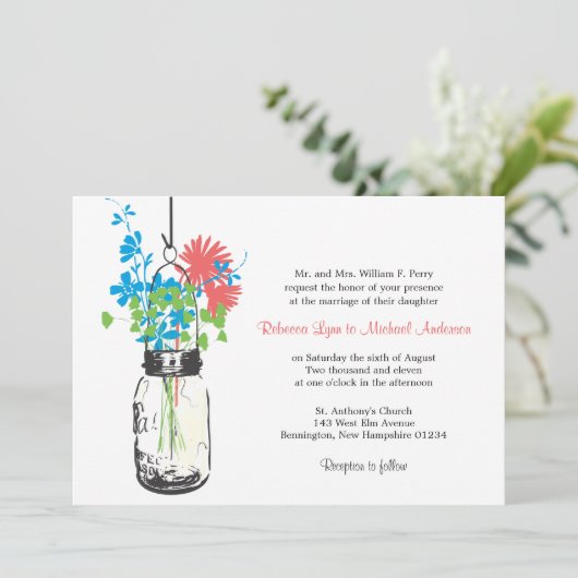 Wilde bloemen & Mason Jar bruiloft uitnodigingen (Staand voorkant)