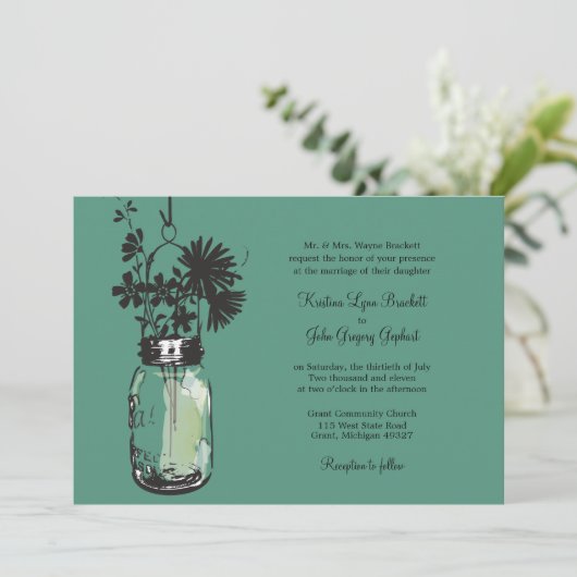 Wilde bloemen & Mason Jar bruiloft uitnodigingen (Staand voorkant)