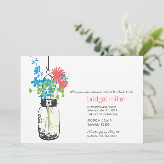 Wilde bloemen & Mason Jar Vrijgezellenfeest Kaart (Staand voorkant)