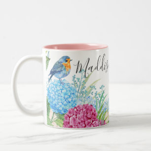 Wilde bloemen met Bird Hydrangea Floral Waterverf Tweekleurige Koffiemok