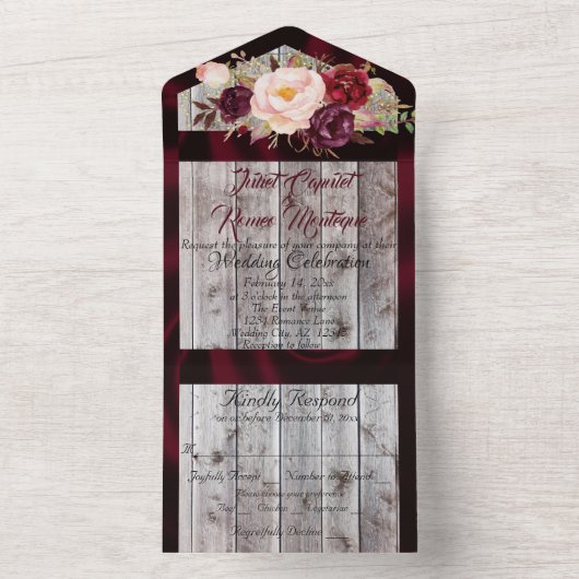 Wilde bloemen met Bourgogne lint en lights Wedding All In One Uitnodiging (Binnen)