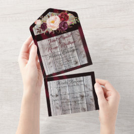 Wilde bloemen met Bourgogne lint en lights Wedding All In One Uitnodiging