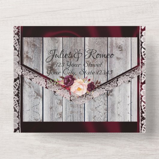 Wilde bloemen met Bourgogne lint, kant en licht All In One Uitnodiging (Achterkant)