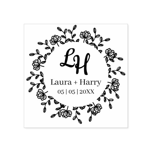 Wilde bloemen met Initialen voor bruiloft Rubberstempel (Afrduk)