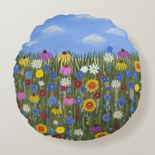 Wilde bloemen met Madeliefjes Rond Kussen (Voorkant)