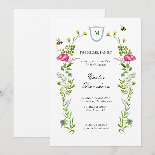 Wilde bloemen met monogram paasmakerij aankondiging (Voorkant / Achterkant)