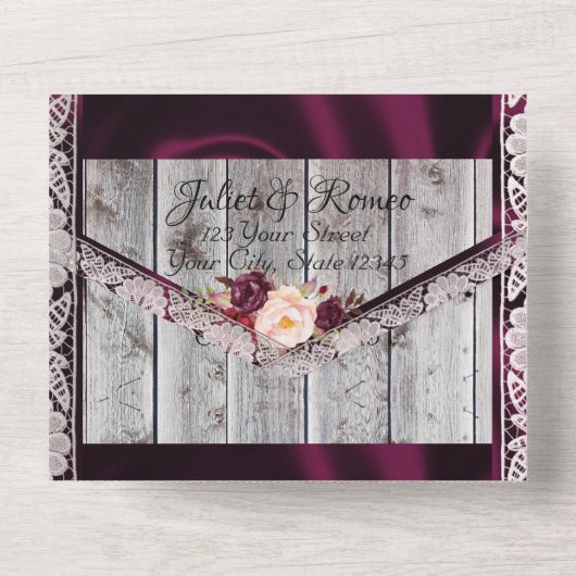 Wilde bloemen met Paarse lint, kant en licht All In One Uitnodiging (Achterkant)