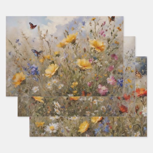 Wilde bloemen met vlinders inpakpapier vel (Set)