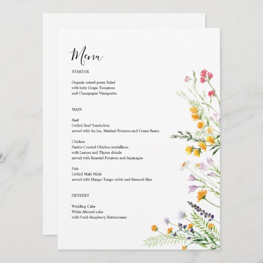Wilde bloemen modern menu kaart met monogram op ac (Voorkant / Achterkant)