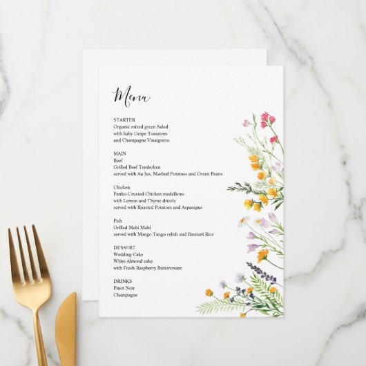 Wilde bloemen moderne menukaart met monogram op ac (Voorkant / Achterkant in situ)