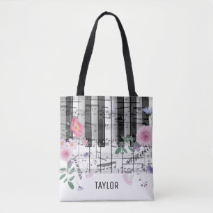 wilde bloemen muzieknoten piano tote bag