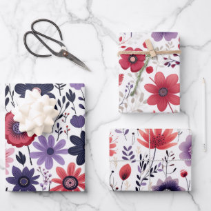 Wilde bloemen Navy Rood Paars Inpakpapier Vel