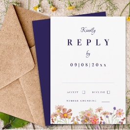 Wilde Bloemen Navy Verbrand Oranje Herfst Bruiloft RSVP Kaartje