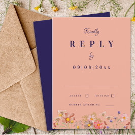 Wilde Bloemen Navy Verbrand Oranje Herfst Bruiloft RSVP Kaartje