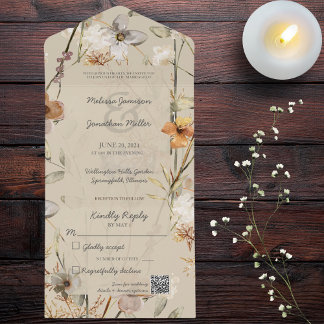 Wilde bloemen op beige met QR-code All In One Uitnodiging