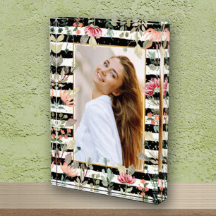 Wilde bloemen op Black White Stripes Photo Block Fotoblokken