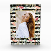 Wilde bloemen op Black White Stripes Photo Block Fotoblokken (Voorkant)