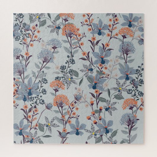 Wilde bloemen op blauw, botanisch patroon. legpuzzel (Verticaal)