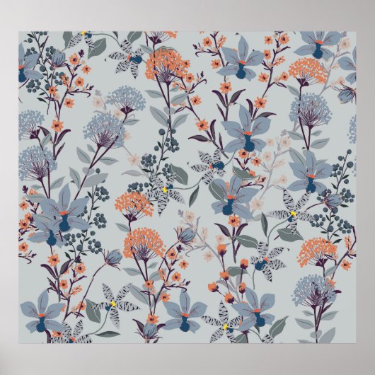 Wilde bloemen op blauw, botanisch patroon. poster (Voorkant)