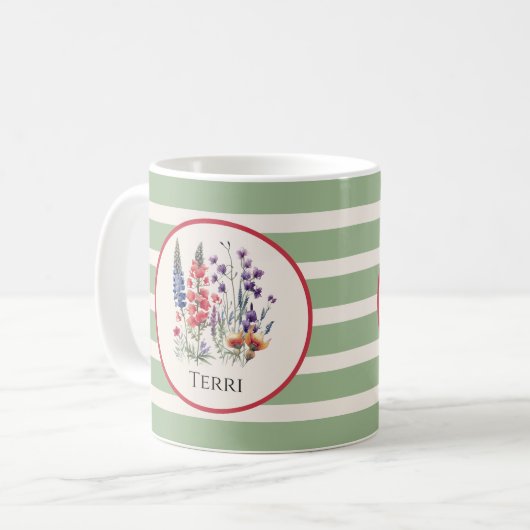  wilde bloemen op Boho Sage Green Stripes Koffiemok (Voorkant links)