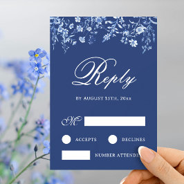 Wilde bloemen op Frans blauwe trouw-RSVP kaart