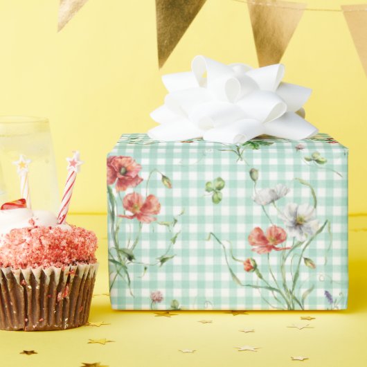 Wilde Bloemen Op Gingham Cadeaupapier (Verjaardagsfeest)