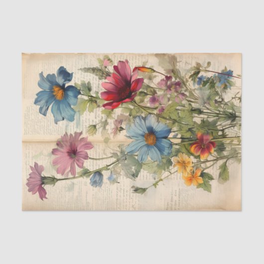 Wilde Bloemen op oud papier Decoupage (Voorkant)