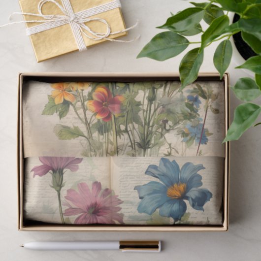  Wilde Bloemen op oud papier Decoupage (Geschenk)