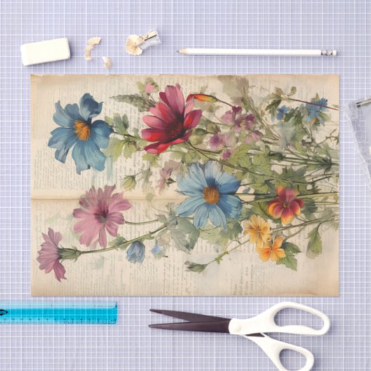  Wilde Bloemen op oud papier Decoupage (Craft)