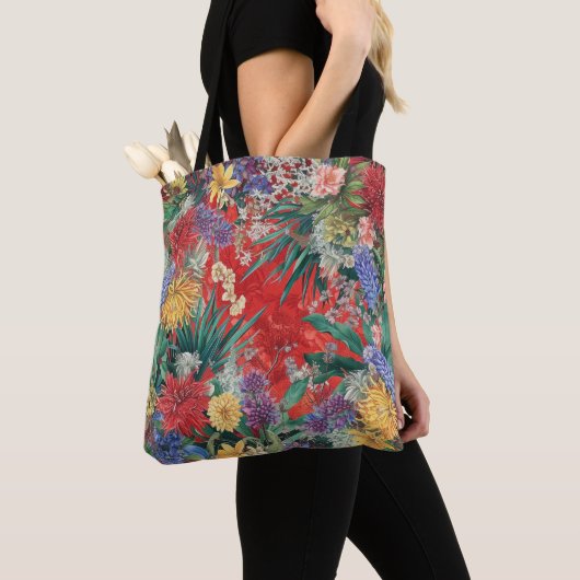 Wilde bloemen op rood tote bag (Dichtbij)