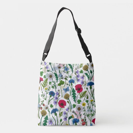 Wilde bloemen op wit crossbody tas (Achterkant)