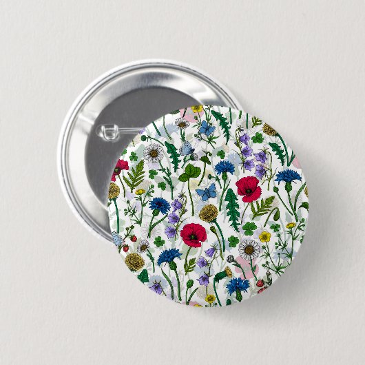Wilde bloemen op wit ronde button 5,7 cm (Voorkant /achterkant)