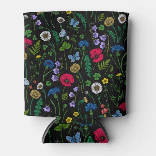 Wilde bloemen op zwart blikjeskoeler (Voorkant)