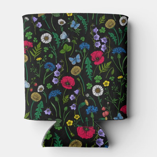 Wilde bloemen op zwart blikjeskoeler (Achterkant)