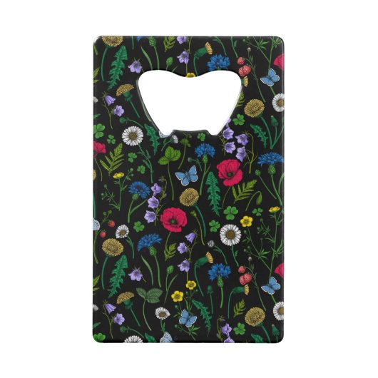 Wilde bloemen op zwart creditkaart flessenopener (Voorkant)
