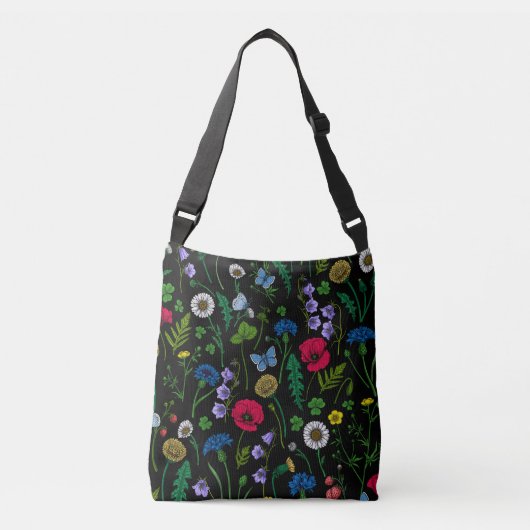Wilde bloemen op zwart crossbody tas (Voorkant)