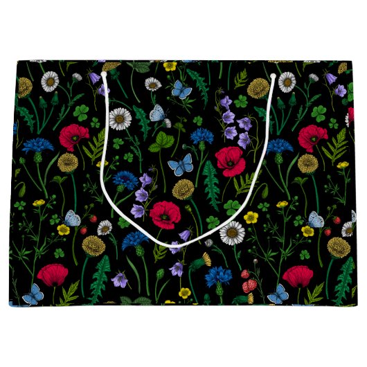 Wilde bloemen op zwart groot cadeauzakje (Voorkant)
