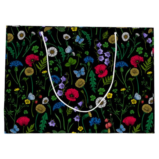 Wilde bloemen op zwart groot cadeauzakje (Achterkant)