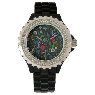 Wilde bloemen op zwart horloge