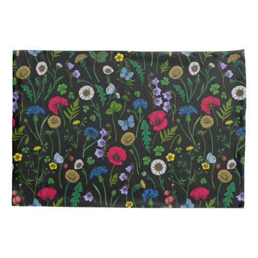 Wilde bloemen op zwart kussensloop (Achterkant-Links)