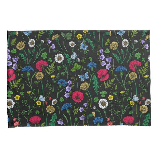 Wilde bloemen op zwart kussensloop (Voorkant-Rechts)