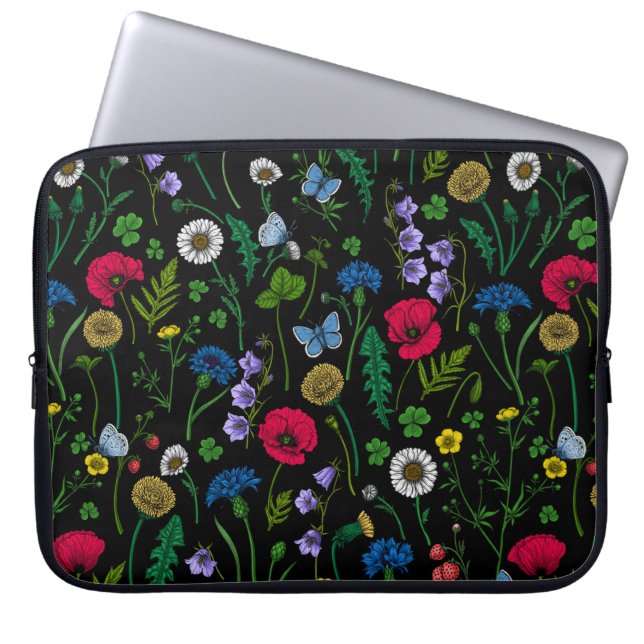 Wilde bloemen op zwart laptop sleeve (Voorkant)