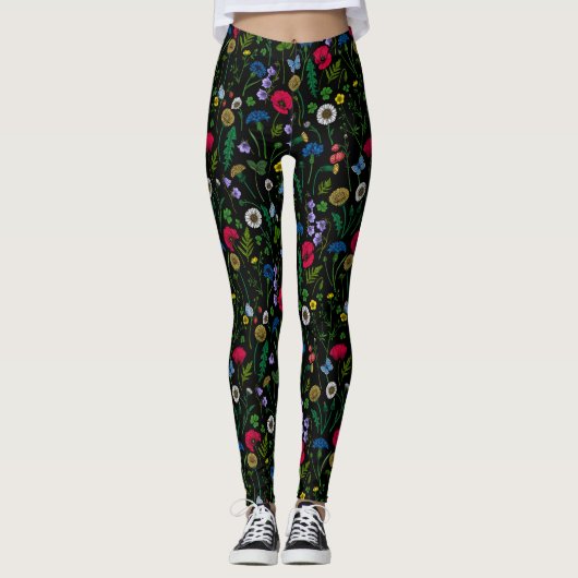 Wilde bloemen op zwart leggings (Voorkant)
