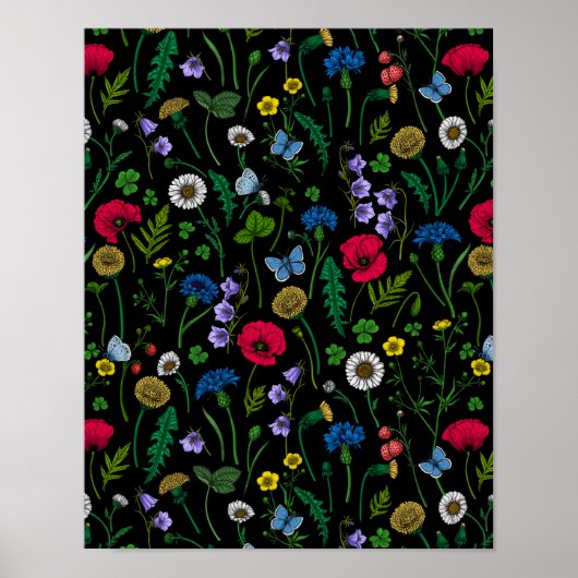 Wilde bloemen op zwart poster (Voorkant)